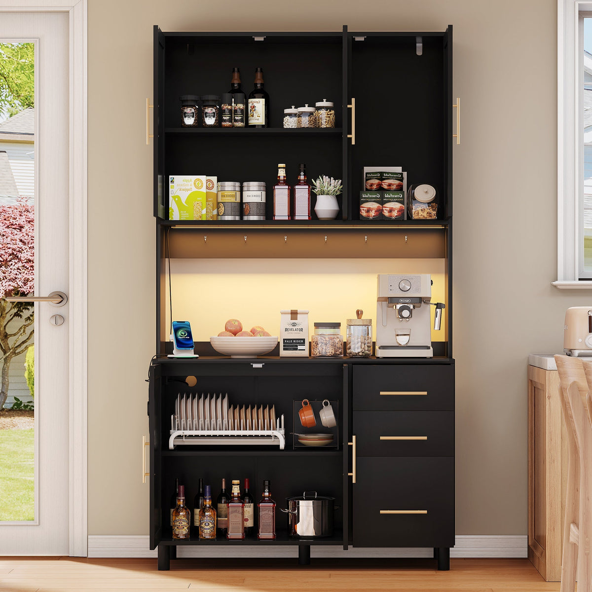 Kitchen Sideboard Buffet 183cm with App LED Lights Power Outlets Shelves & 3 Drawers - Gold Handles