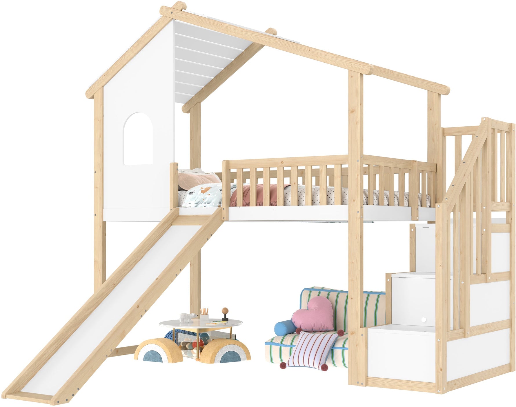 Loft Bed with Storage Ladder, Slide and Window, Natural and White
