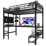 Loft Bed with Desk, Shelves, USB Sockets and LED Strip, Black Iron Frame