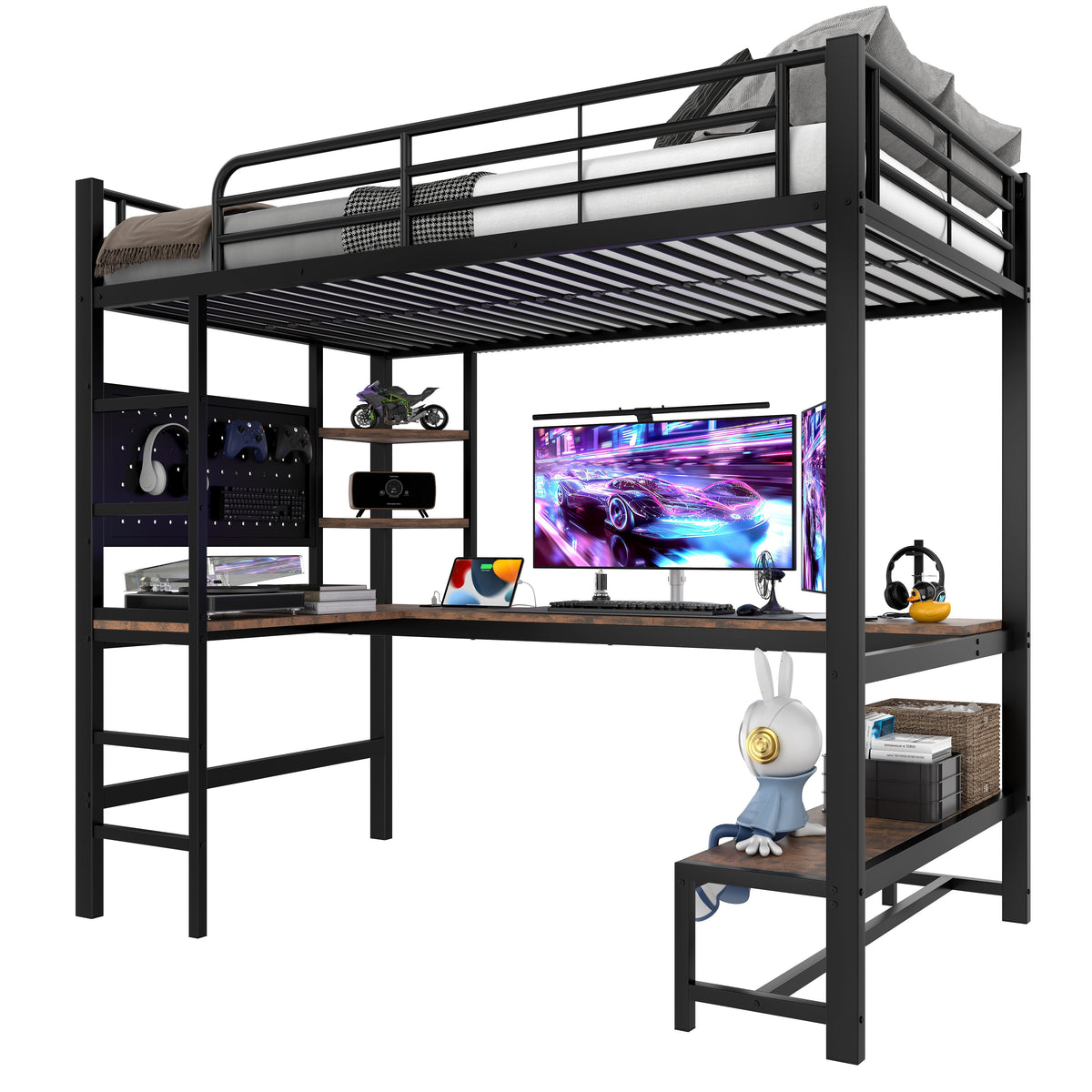 Loft Bed with Desk, Shelves, USB Sockets and LED Strip, Black Iron Frame