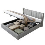 Upholstered Bed 140x200cm Hydraulic Storage LED USB Adjustable Headboard PU Grey