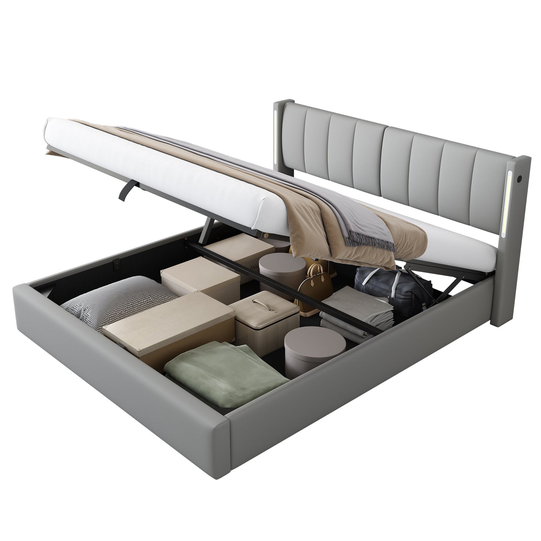 Upholstered Bed 140x200cm Hydraulic Storage LED USB Adjustable Headboard PU Grey