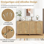 Sideboard, Minimalist with 4 Rattan Doors & Metal Handles, Natural Wood