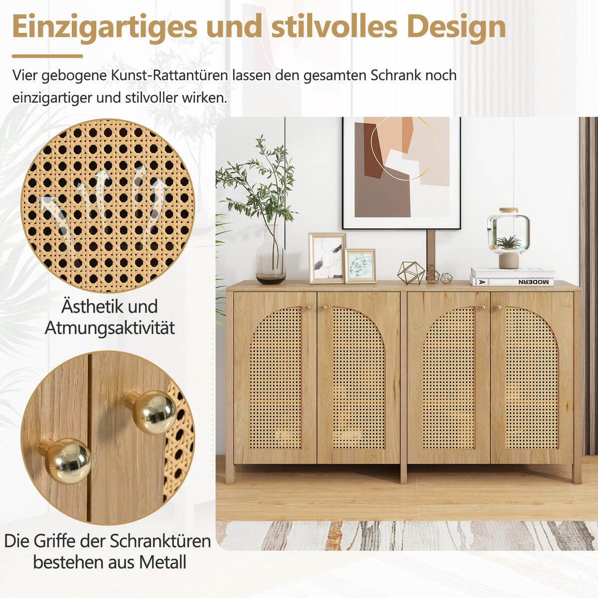 Sideboard, Minimalist with 4 Rattan Doors & Metal Handles, Natural Wood