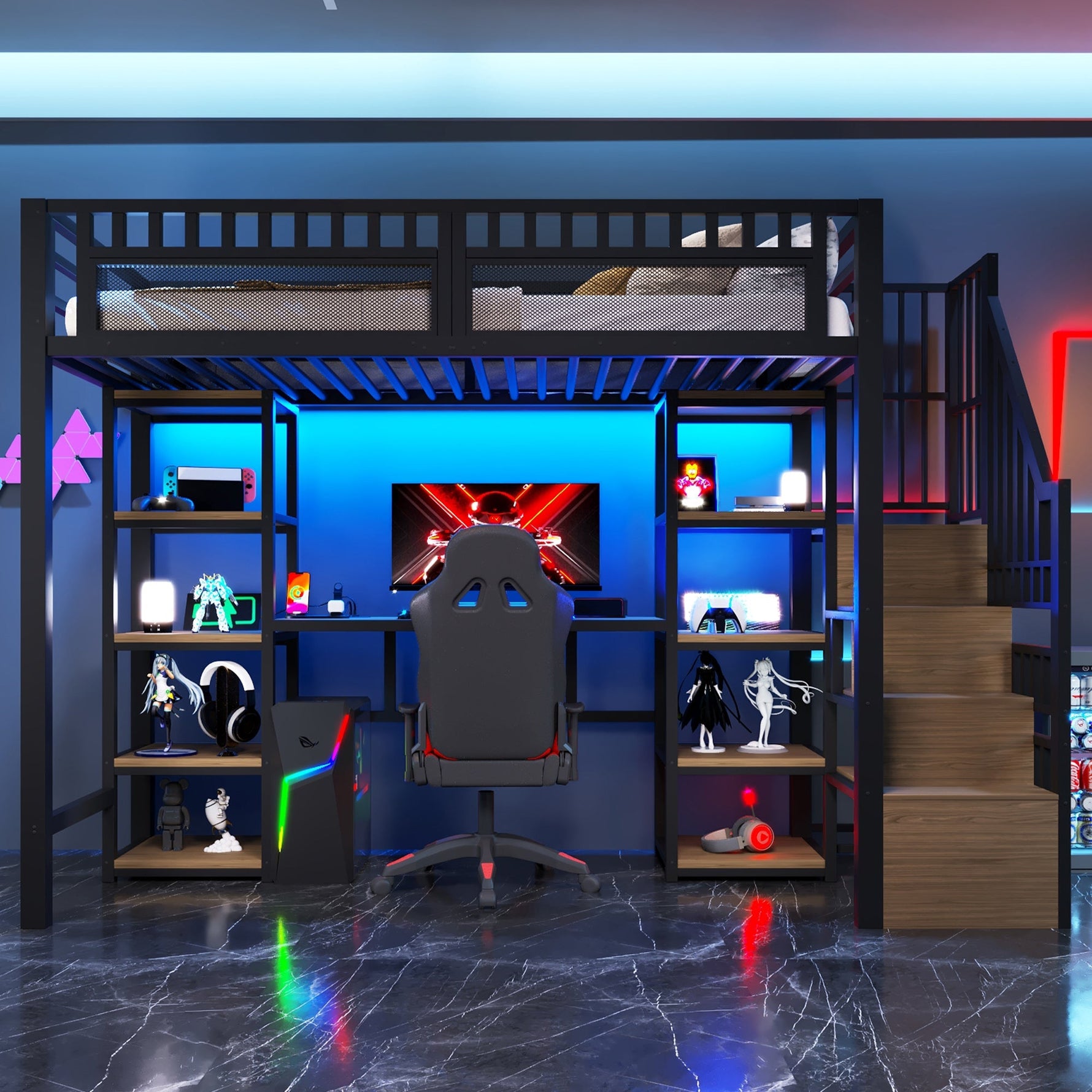 Loft Bed with Desk, LED Lights, USB Port and Storage Ladder, Black Iron Frame