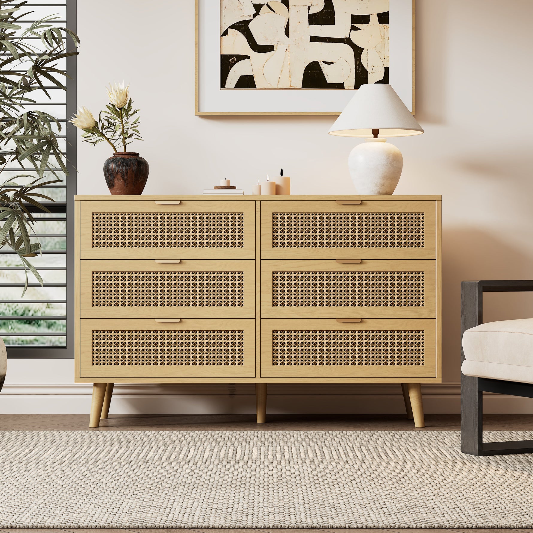Chest of drawers with 6 drawers, metal handles, wood