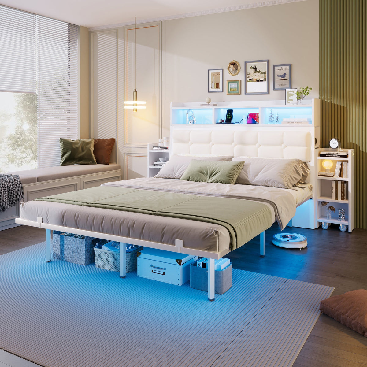 Double Bed 140x190cm 2 Pull-out Nightstands Storage USB/Type-C LED - White