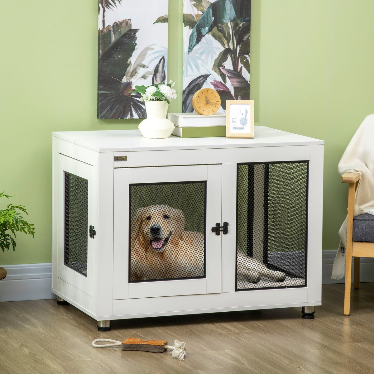 Dog Cage with Table Top, Cushion, 2 Doors, White+Black