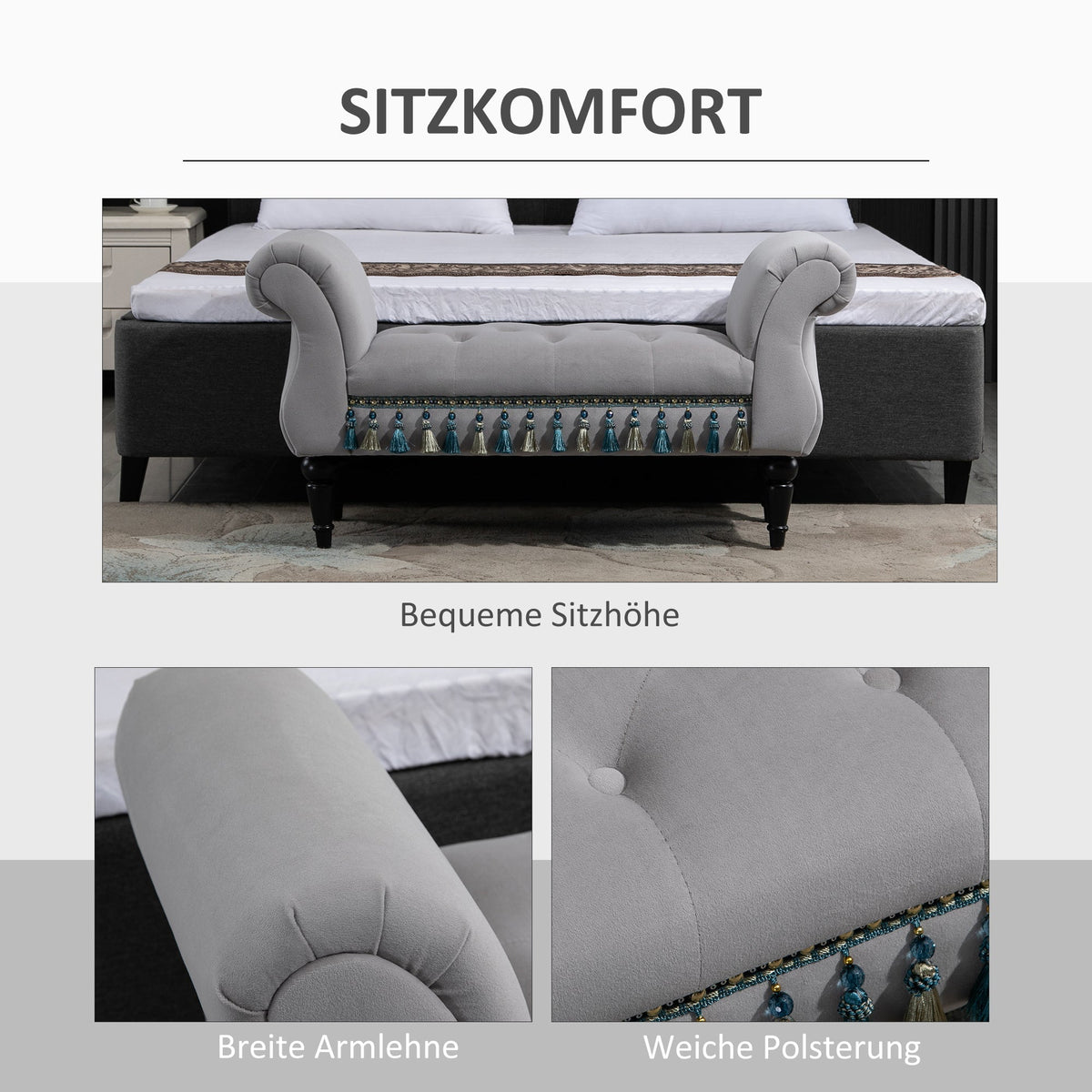 Bench Upholstered Bed Stool Wooden, Grey Polyester