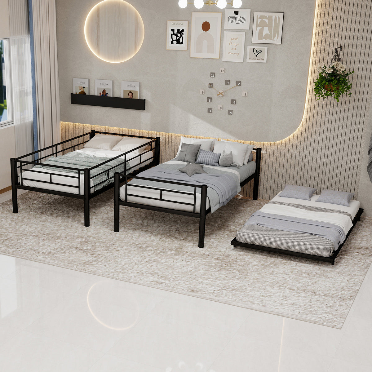 Modern Three-Tier Bed 90x190cm with Safety Railings, Metal