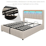 Upholstered Bed 180x200cm LED/USB, Hydraulic Storage Headboard, Beige Linen Fabric