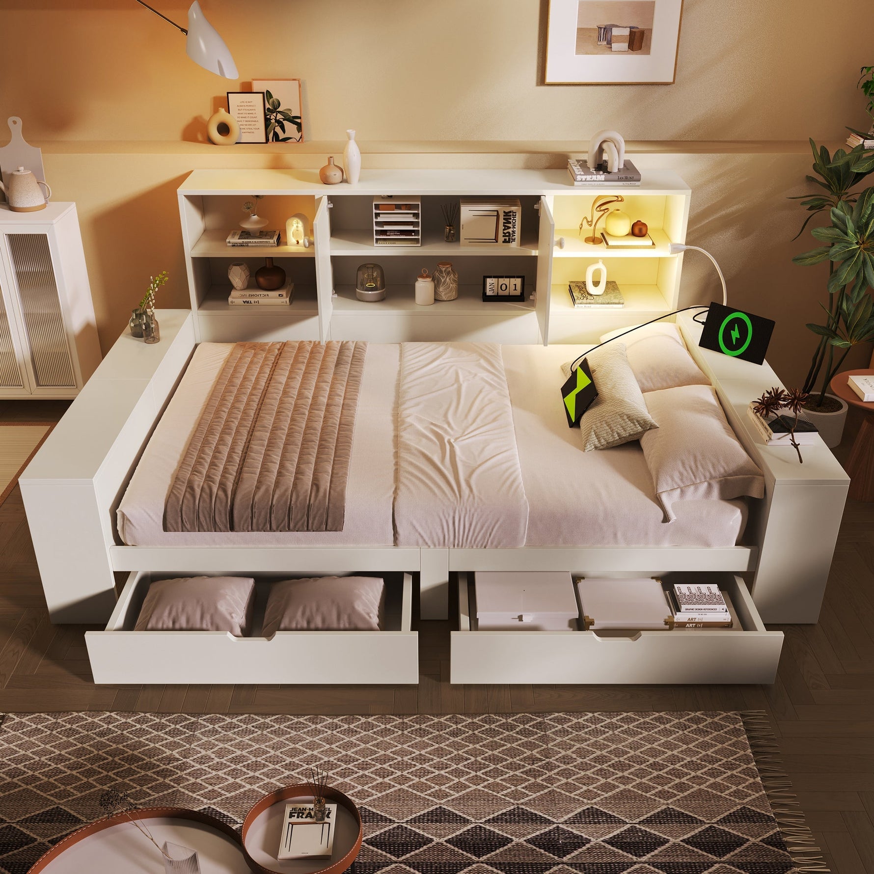 Storage Bed 140x200cm with Drawers, Double Doors and USB/USB-C Ports, White Wood