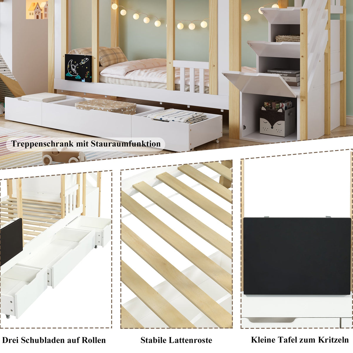 Children's Bunk Bed Storage Stairs Drawers Chalkboard 90x200cm, Pine MDF White/Natural