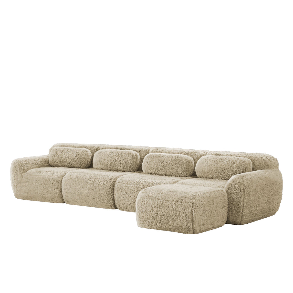 4-Seater L-Shaped Sofa Modular Chaise Plush Fabric - Light Khaki