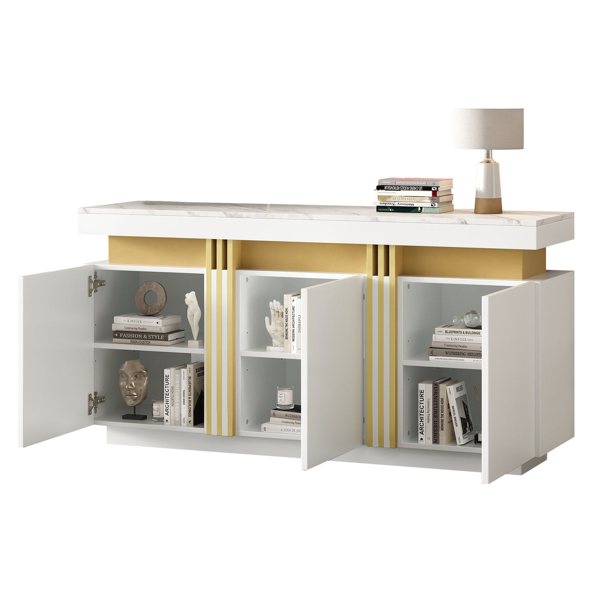 Sideboard Display, 3-Door Dining Room Cabinet with Adjustable Dividers, Modern White