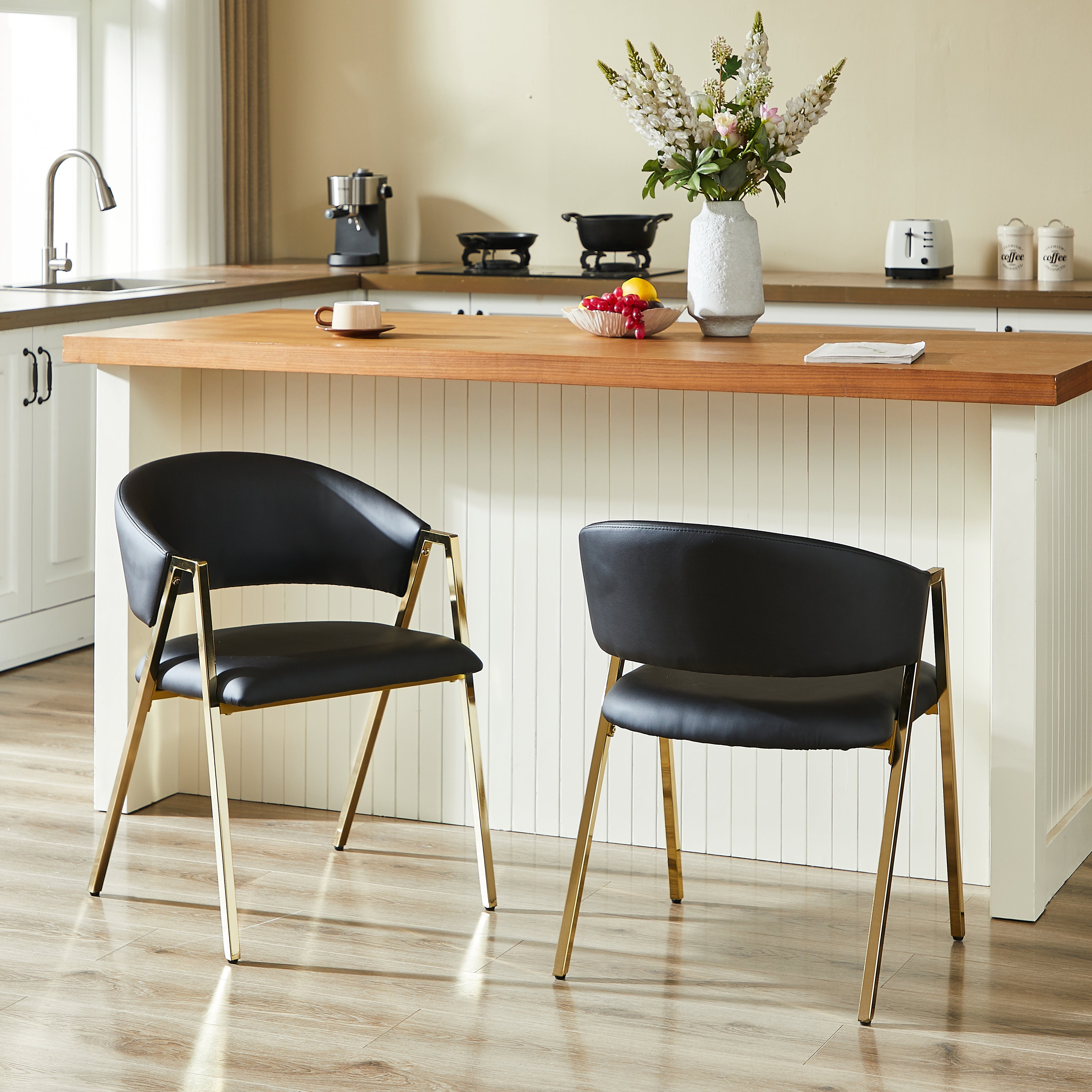 Set of 2 Dining Chairs Modern Minimalist Gold Metal Frame - Black PU Leather