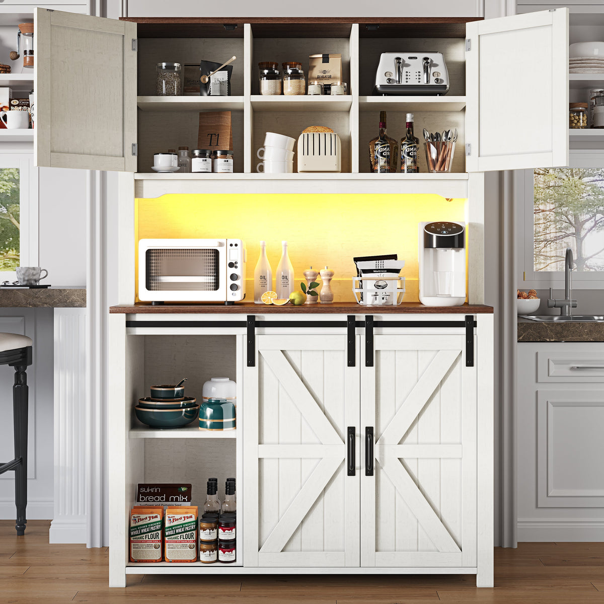 Tall Kitchen Sideboards with Sliding Doors and LED Lighting, Black and White