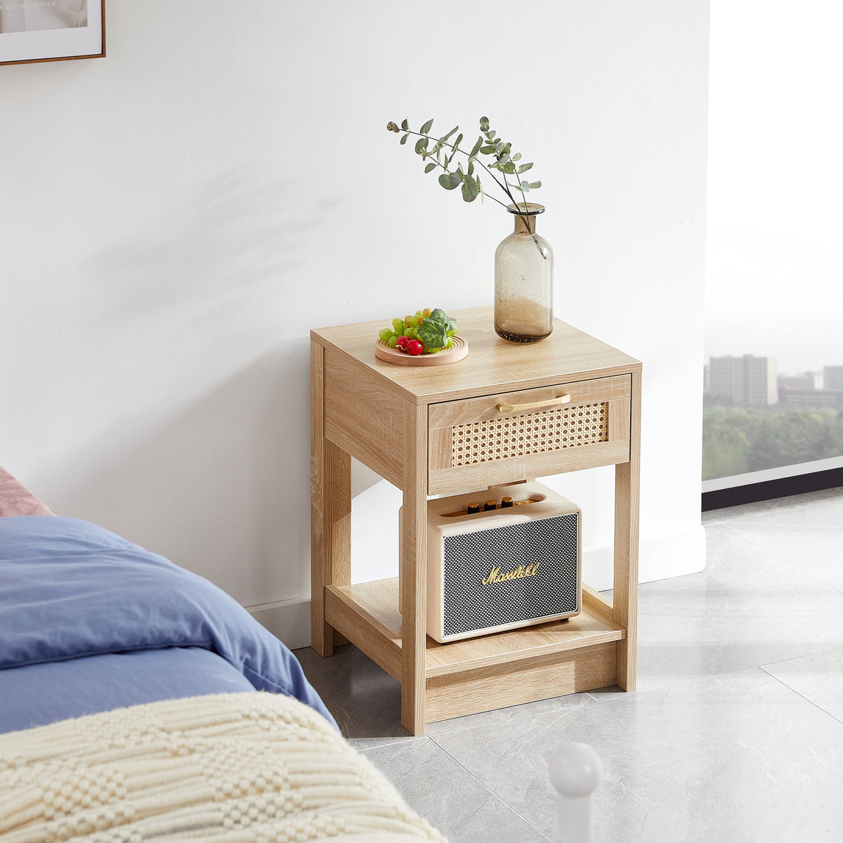 Rattan Side Table with Drawer H55xW40xD40cm Natural Wood Look
