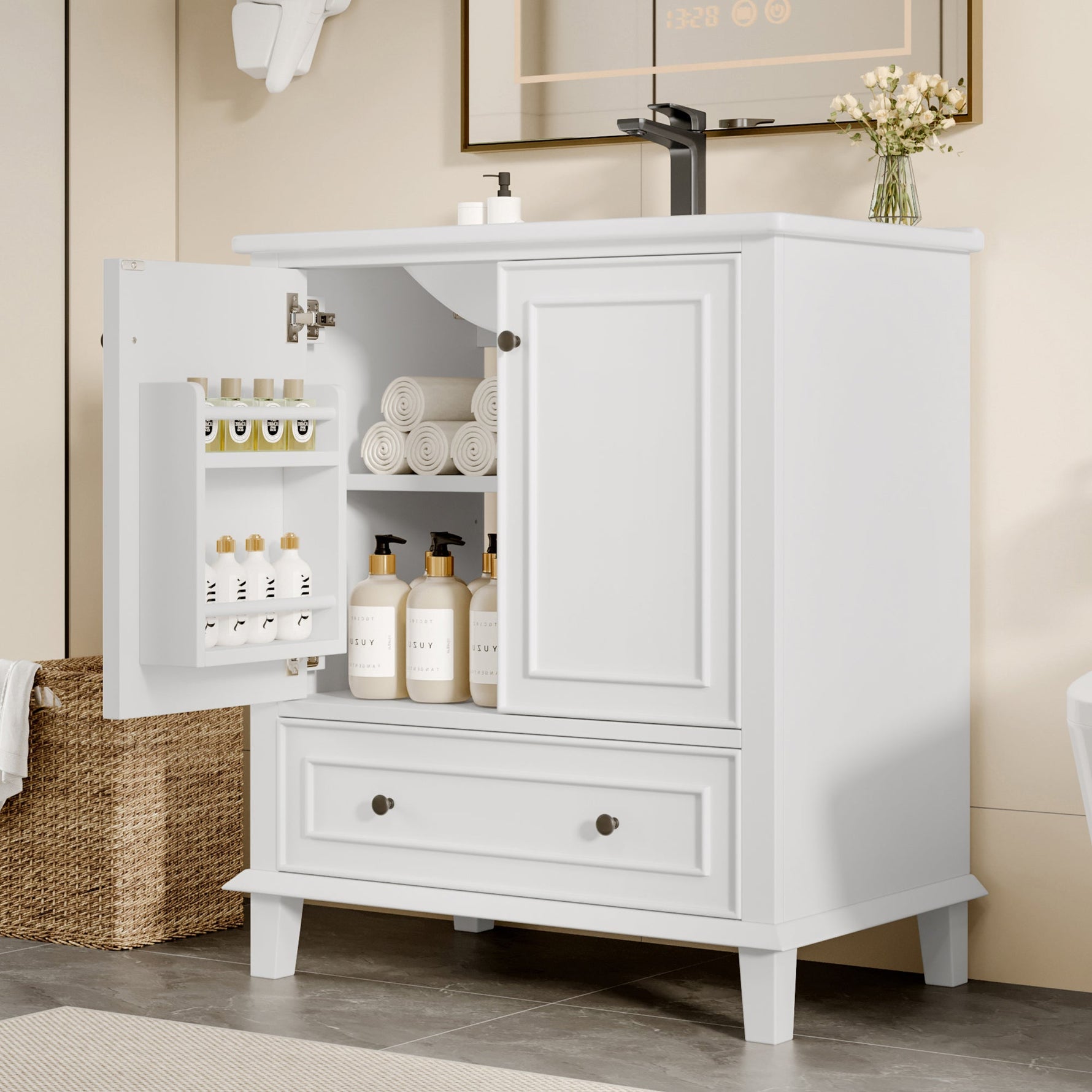 Bathroom Vanity Unit with Ceramic Sink and Solid Wood Legs, White