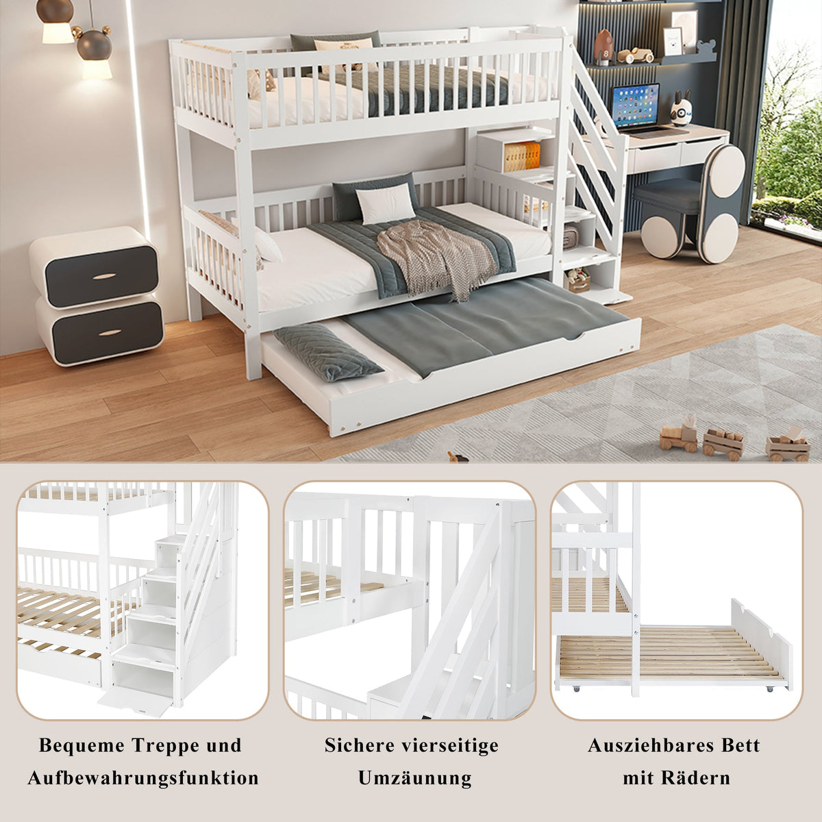 Bunk Bed Trundle Ladder Safety Rails 90x200/190cm, Pine+MDF White