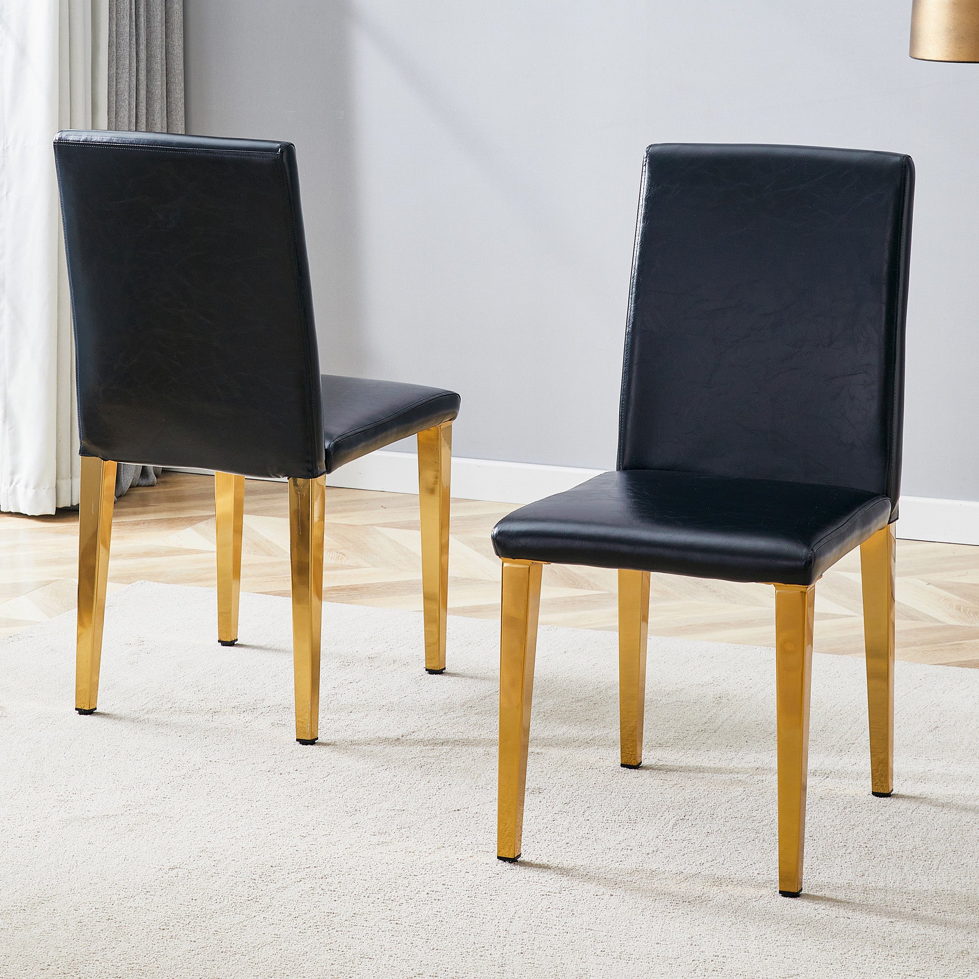 Minimalist Dining Chairs Set of 2 with Gold Metal Legs, Black PU Leather