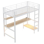 Loft Bed 90x200cm with Desk, Multi-Tiered Shelf, Ladder, USB, and LED Lights, Metal White