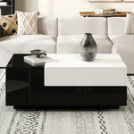 Coffee Table 100x50x38cm, High-Gloss with 1 Drawer & Sliding Top, Black and White Stitching