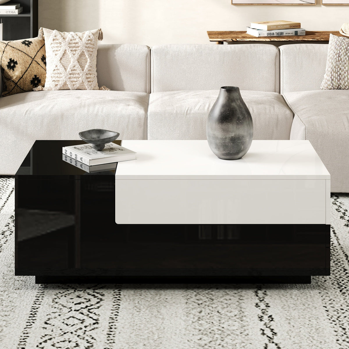 Coffee Table 100x50x38cm, High-Gloss with 1 Drawer & Sliding Top, Black and White Stitching