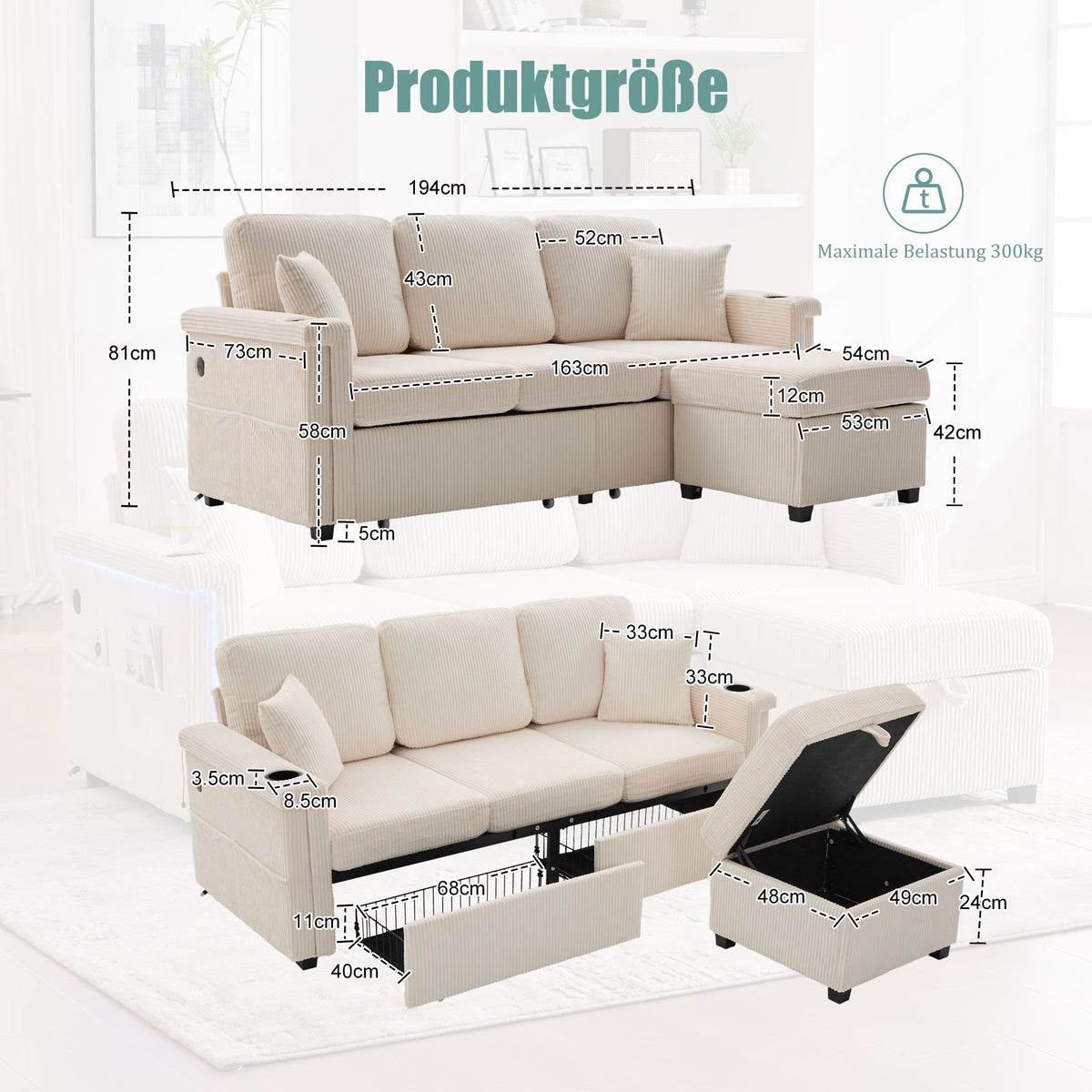 Velvet Sofa, LED USB-C Storage Footrest Cup Holders, Beige