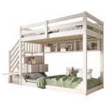 Bunk Bed 90x200cm with Staircase Storage & Safety Railing - White Wood