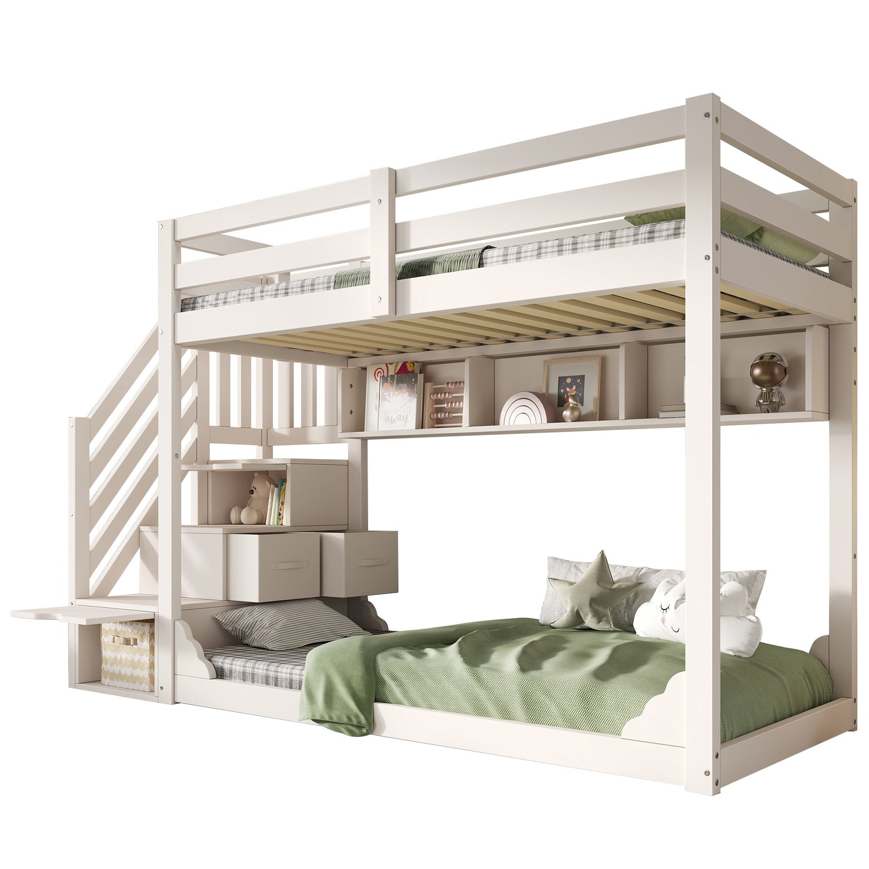 Bunk Bed 90x200cm with Staircase Storage & Safety Railing - White Wood