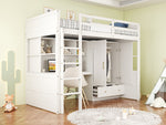 Loft Bed 90x200cm, Ladder, Desk, Wardrobe & Drawers, White