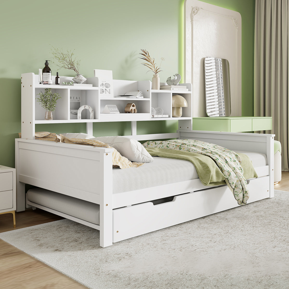 Extendable Sofa Bed 90x200cm with Pull-Out Bed & Storage, White Wood