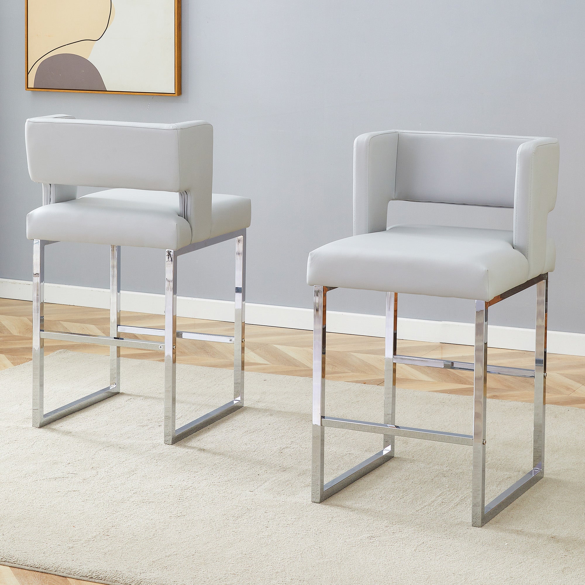 Nordic Bar Chairs Set of 2 Modern Square Design Silver Metal Legs Light Grey