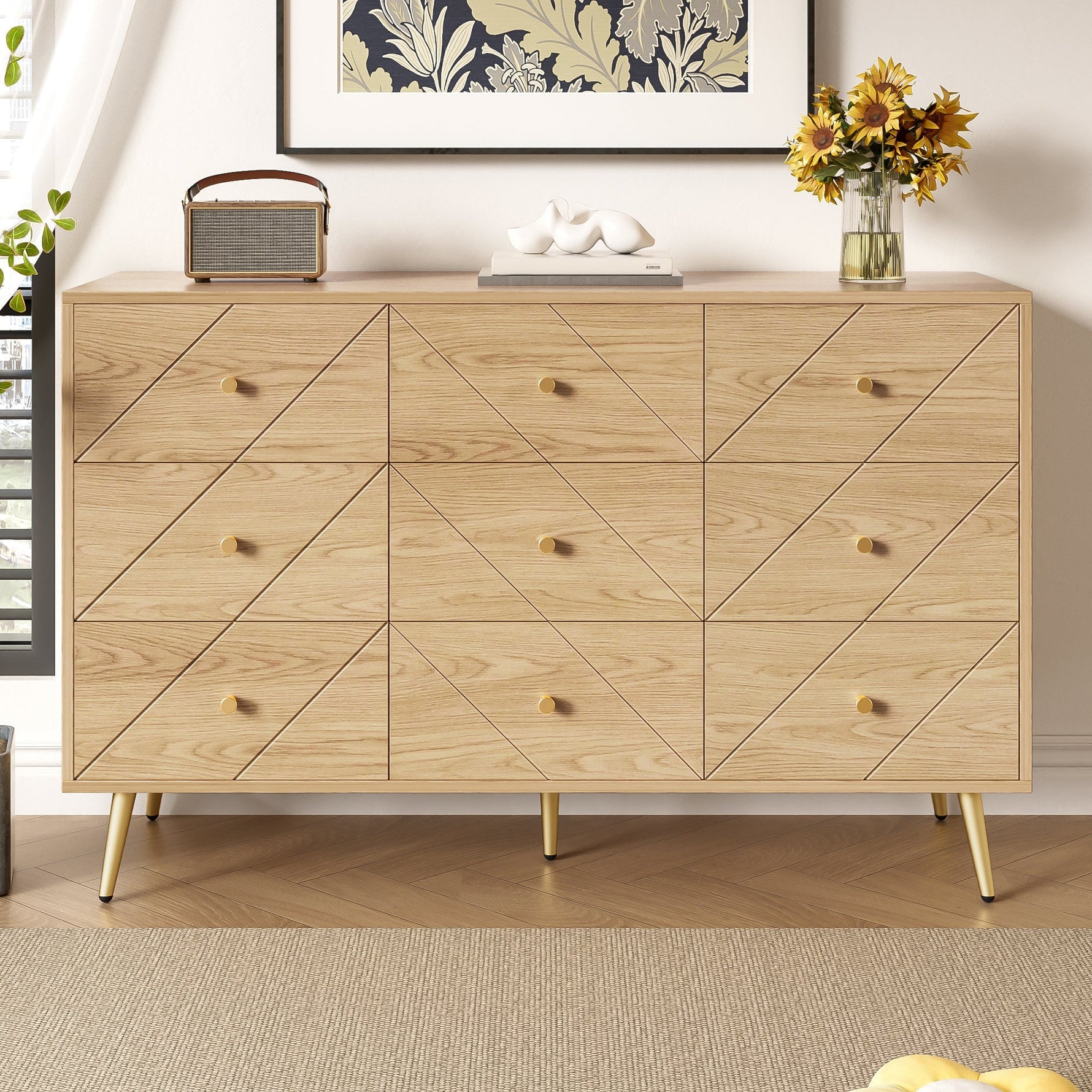 Modern 9-Drawer Chest, Iron Legs Geometric Pattern, PB Construction