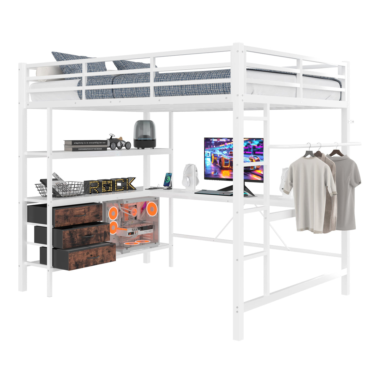 Loft Bed 140x200cm LED Desk USB/Power 3 Drawers Stairs - White