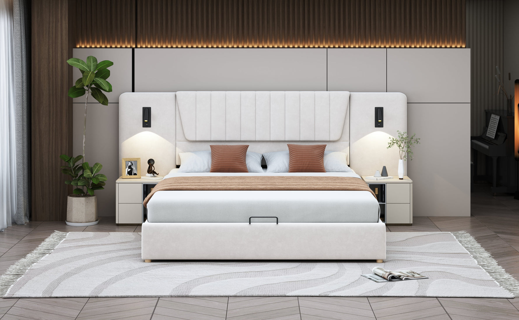 Upholstered Bed, 180*200cm, Extra-Long Backrest, Reading Lamp, USB Port, Hydraulic Storage, Beige Velvet