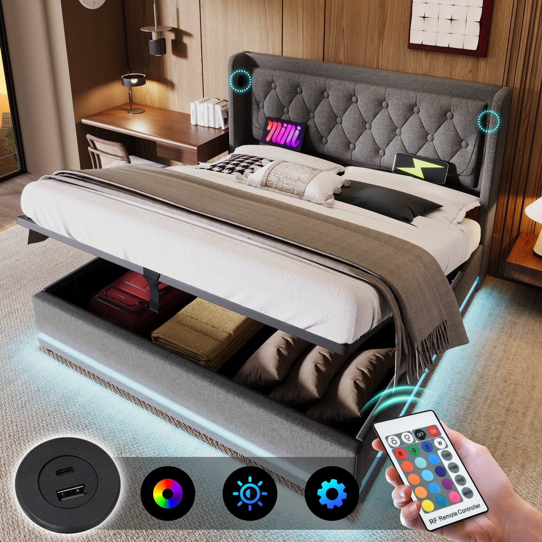 Upholstered Double Bed, 140*200 cm, Hydraulic Storage with USB & LED, Gray Cotton
