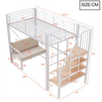 Bunk Bed with Removable Sofa, Storage and Safety Stairs, 90x200cm, White Metal