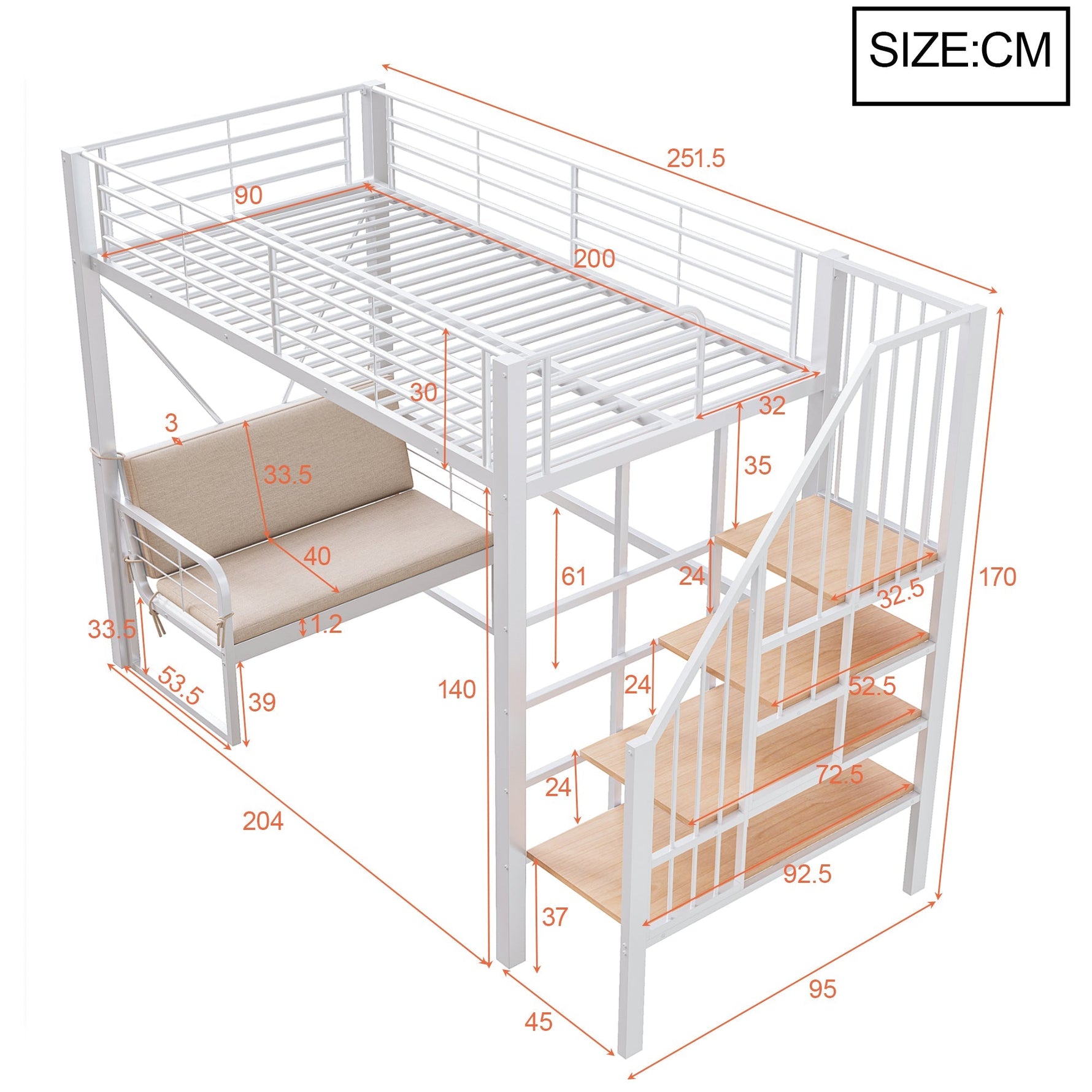 Bunk Bed with Removable Sofa, Storage and Safety Stairs, 90x200cm, White Metal