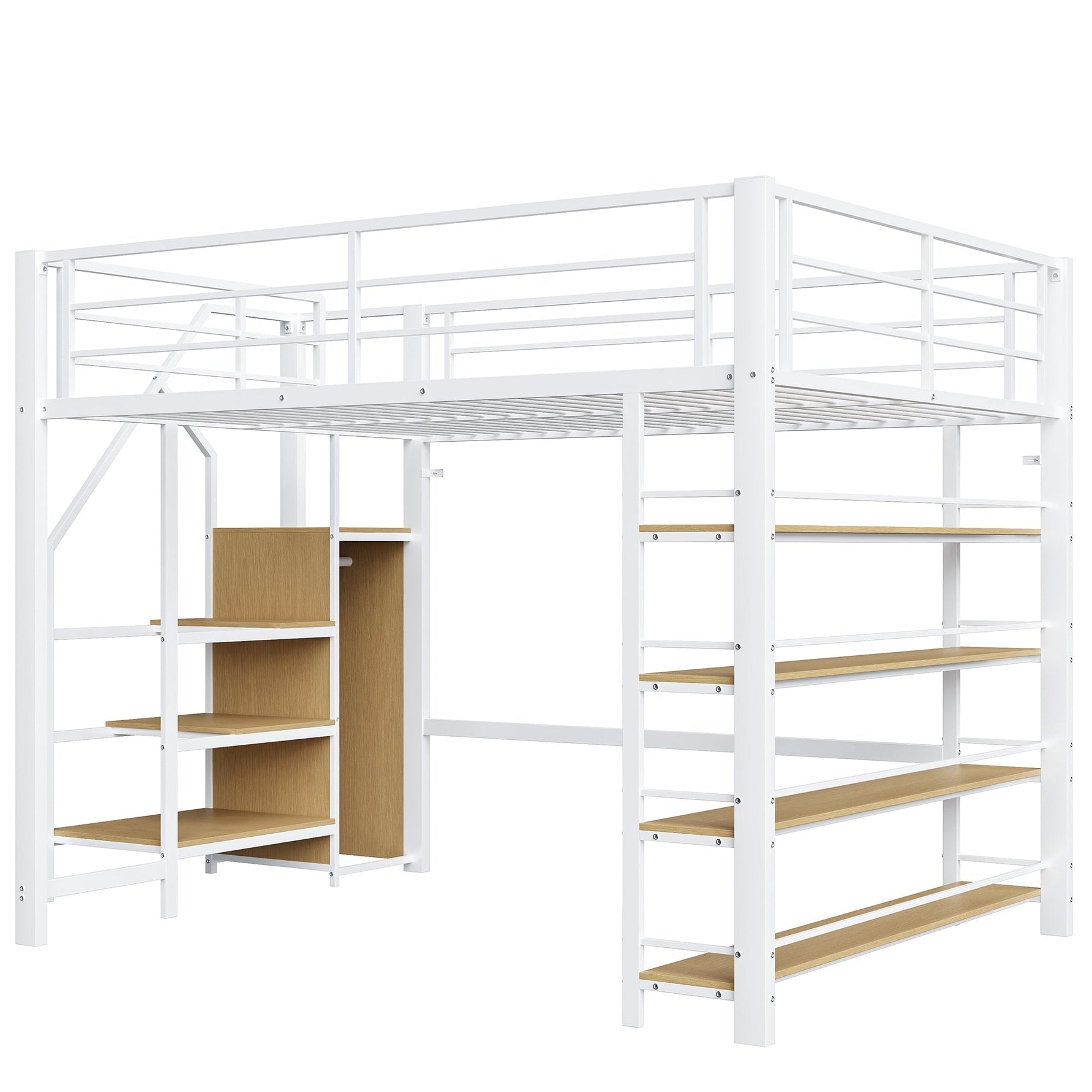 Loft Bed 140x200 with Safety Stairs Storage Wardrobe - White