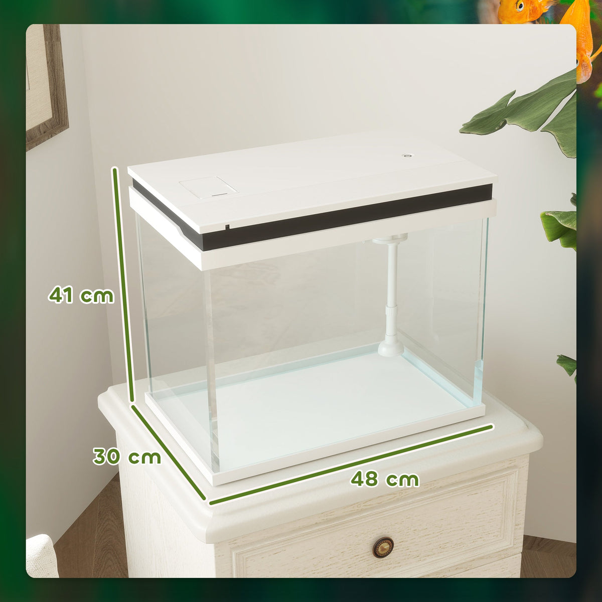 Aquarium, 41 Liter Glass with Filter System, LED Lights, White