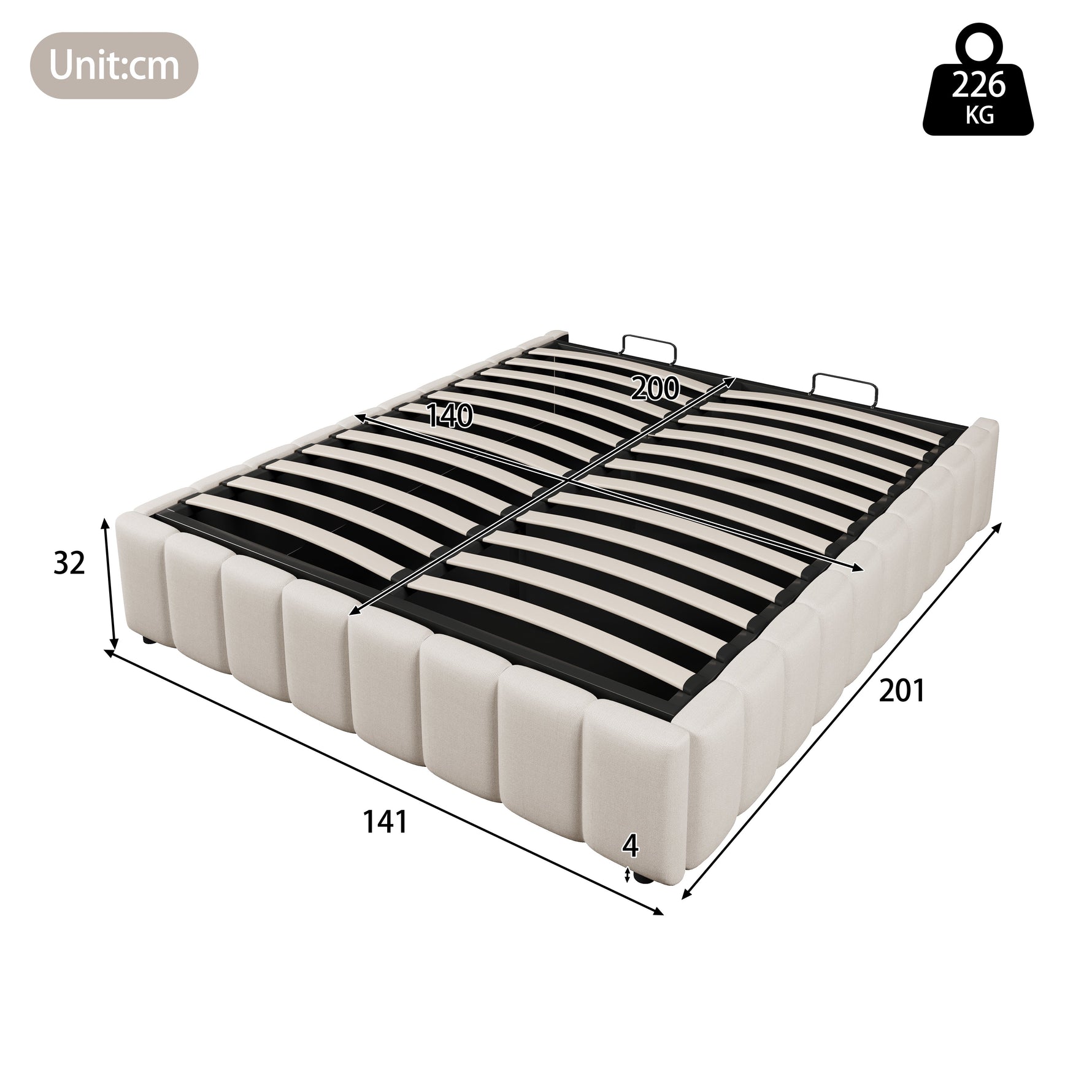 Upholstered Bed with Hydraulic Storage and No Headboard, 140x200cm, Beige