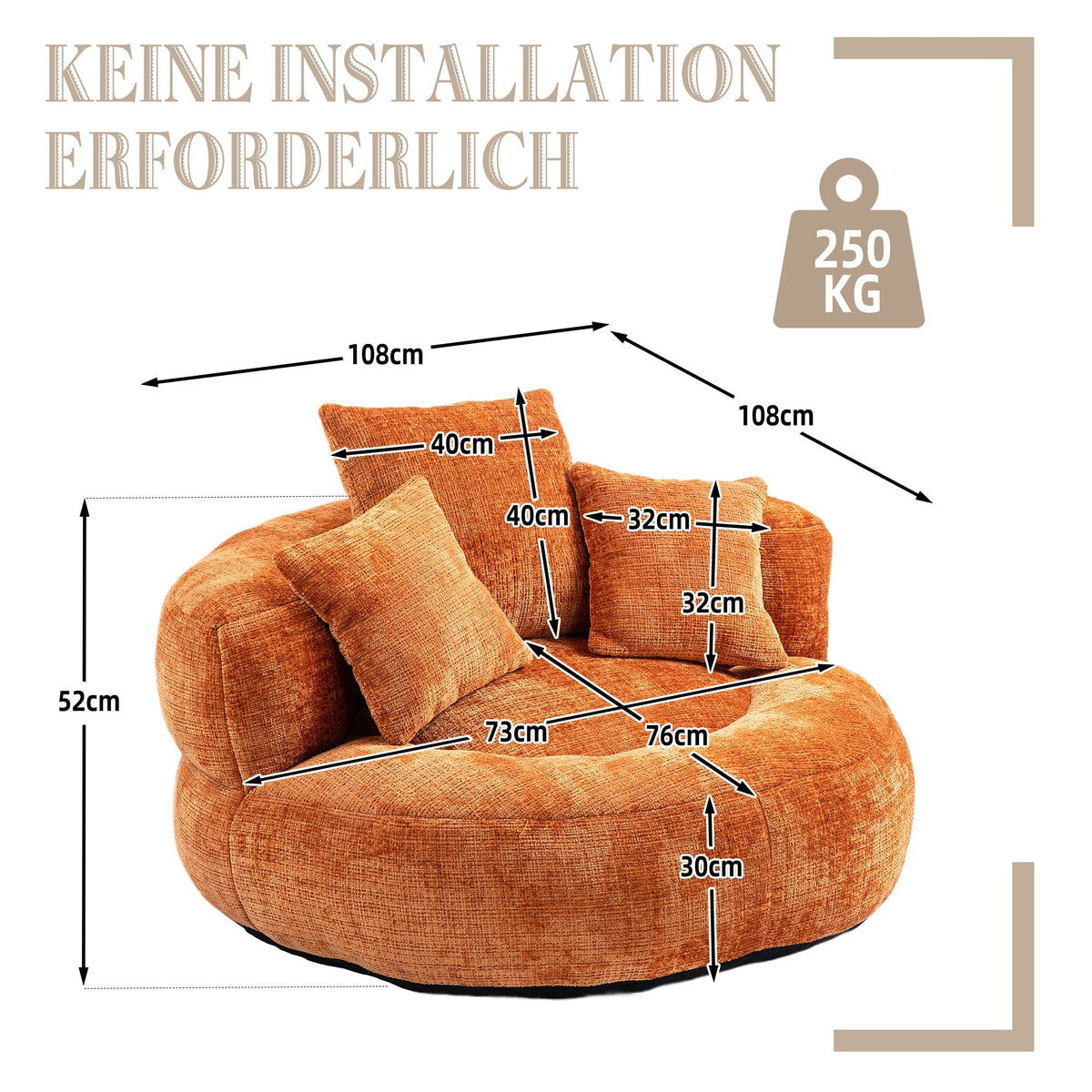 Lazy Sofa High Back Bean Bag Chair Couch, Durable Comfort Indoor/Outdoor, Orange Chenille