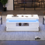 Liftable Coffee Table with 2 Drawers and LED Lighting, White Chipboard