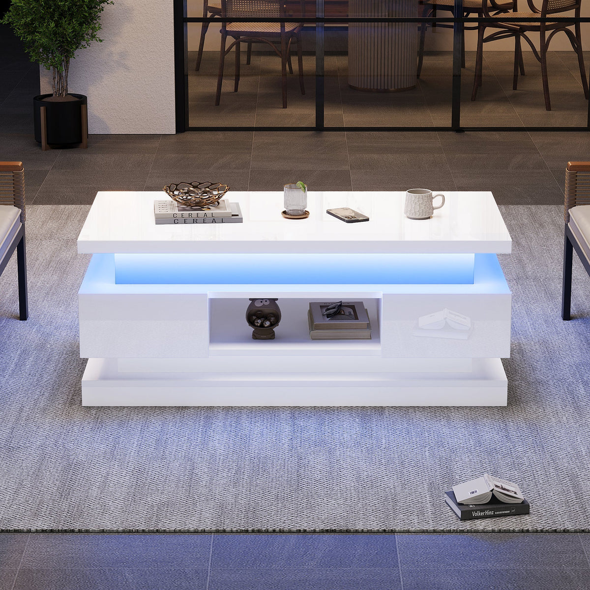 Liftable Coffee Table with 2 Drawers and LED Lighting, White Chipboard