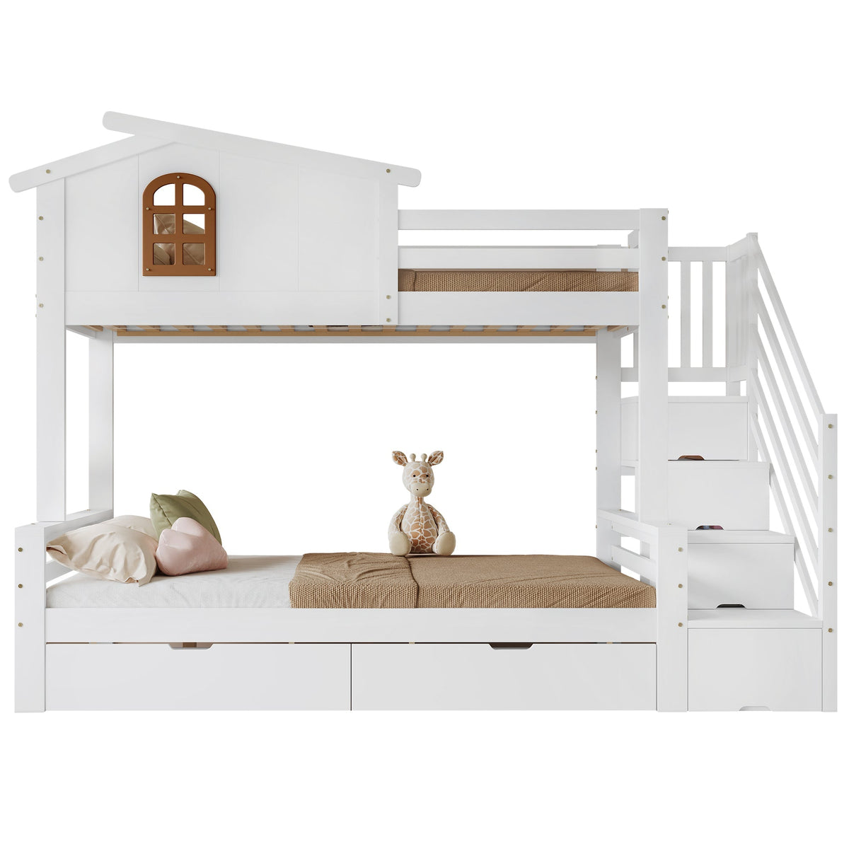 Bunk Bed, Two Drawers, Corner Ladder, Pine + MDF + Plywood, White + Natural