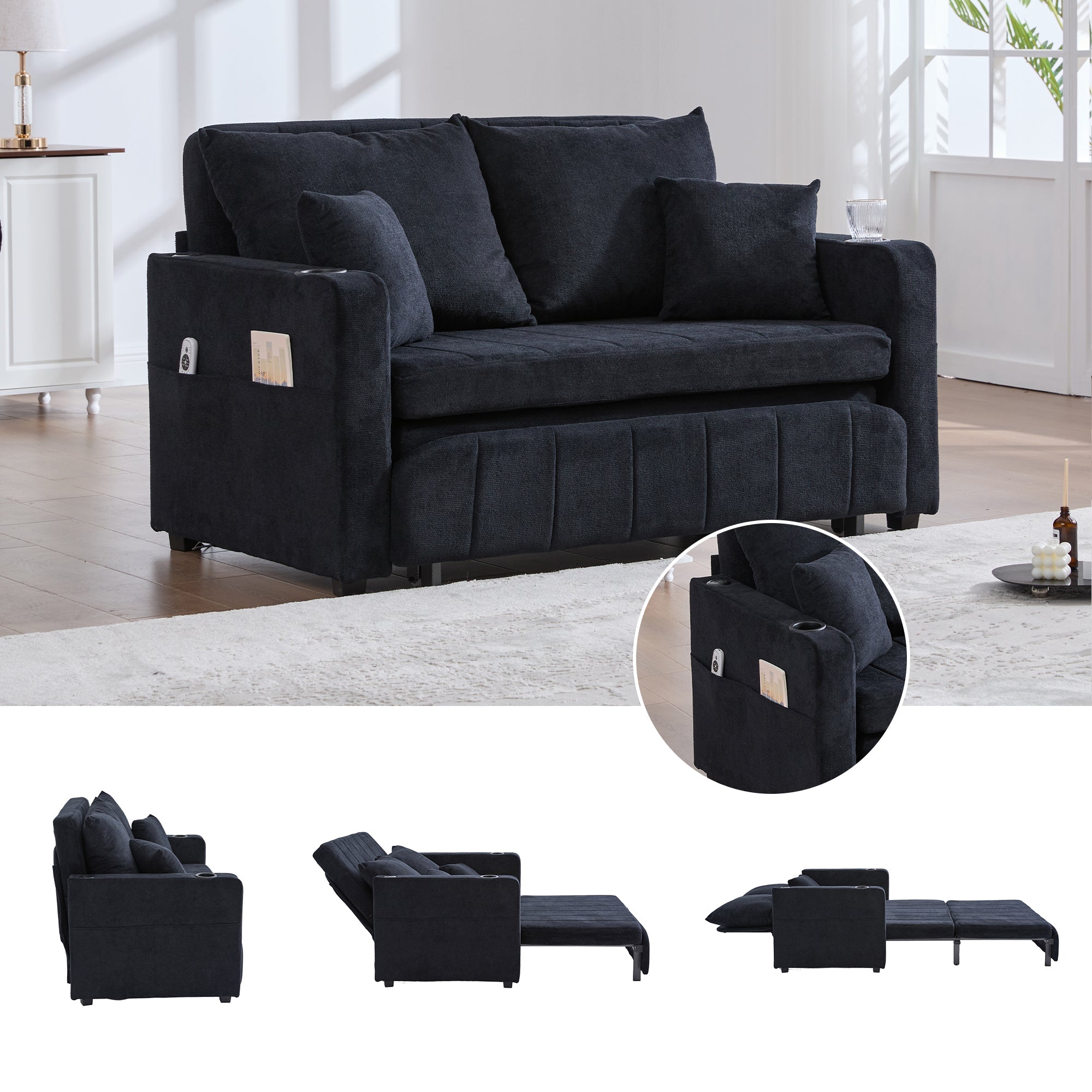 Multifunctional Sofa Bed, Foldable Pull-Out, USB Charging, Cup Holder, Fabric