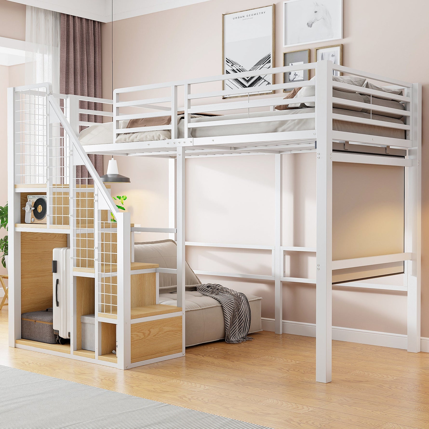 Loft Bed with Safety Ladder and Storage Area, 90x200cm, White Iron Frame