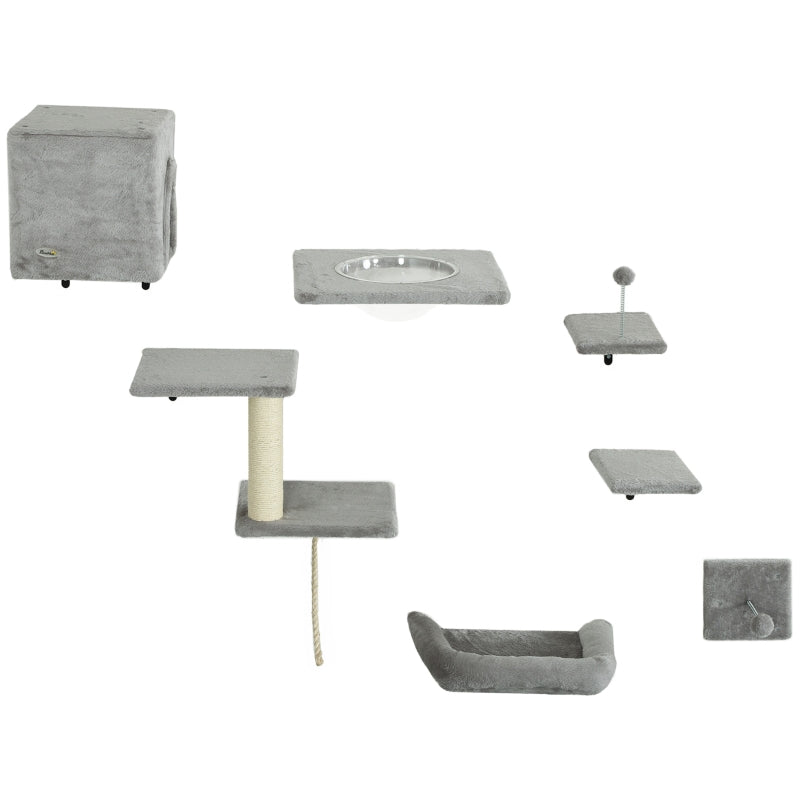 PwaHut Cat Climbing Wall, 7-piece Set with Cat House, Platform, Scratching Post, Grey